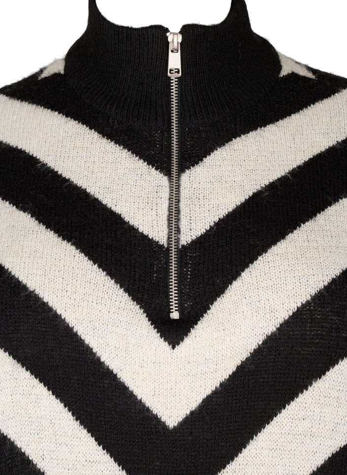 Hochgeschlossener Strickpullover mit Reißverschluss, Black Birch Stripe, Packshot image number 2