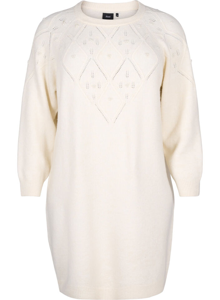 Strickkleid mit Muster und Perlen, Birch Mel., Packshot image number 0