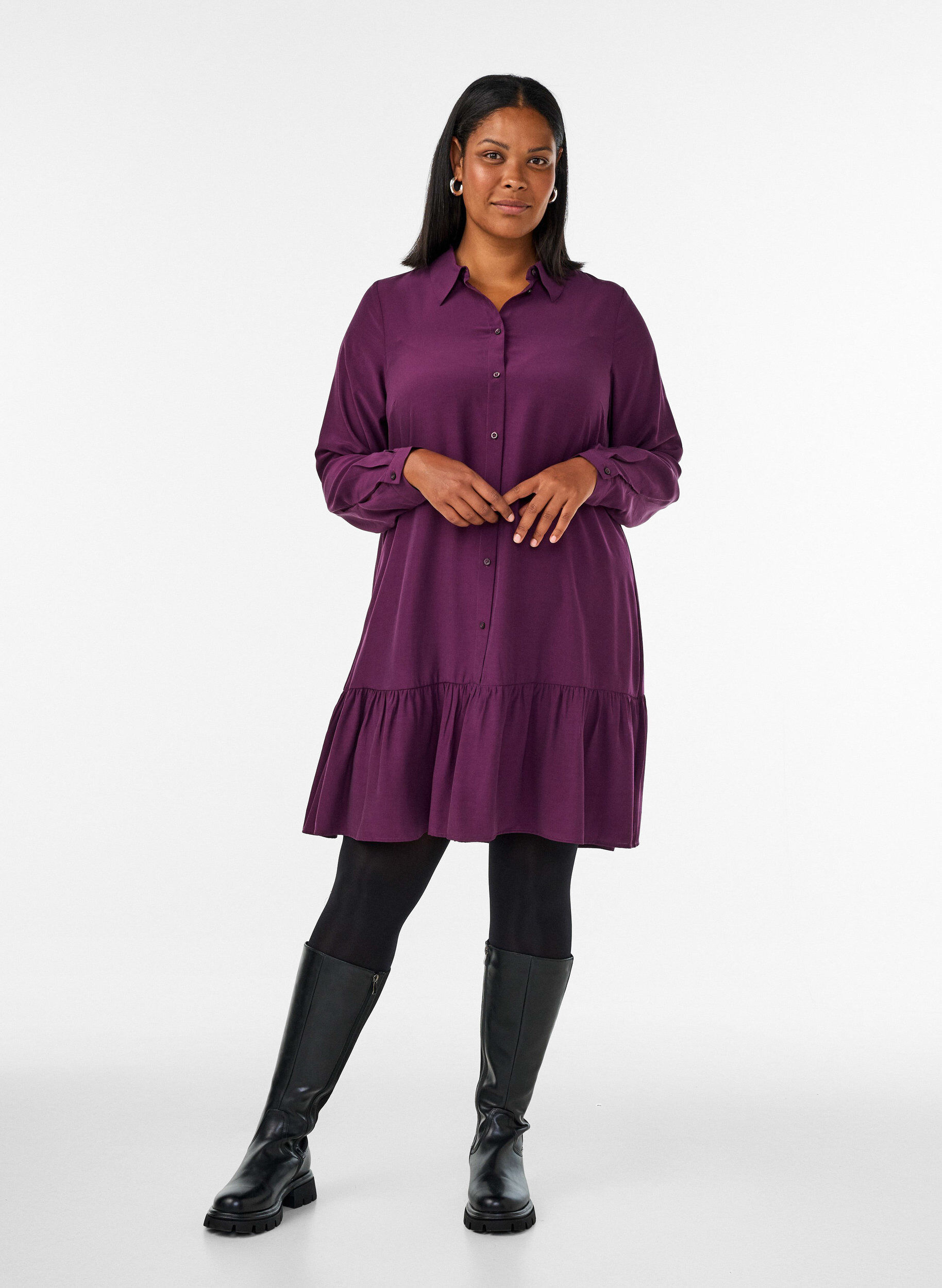 ZizziKurzes Hemdblusenkleid mit R&uuml;schenvolant, Lila, Model image number 1