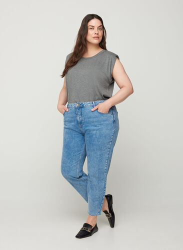 Cropped Mom Fit Mille Jeans mit lockerer Passform, Light blue denim, Model image number 0