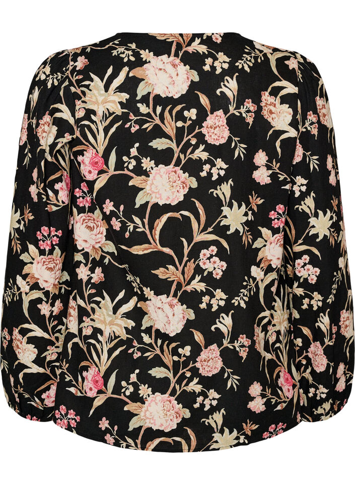 Gebl&uuml;mte Bluse aus Leinen und Viskose mit langen &Auml;rmeln, Schwarz, Packshot image number 1