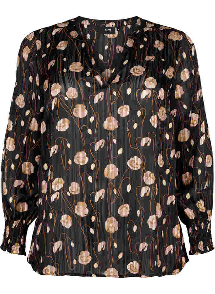 Bedruckte Bluse mit Smock und V-Ausschnitt, Black Flower, Packshot image number 0