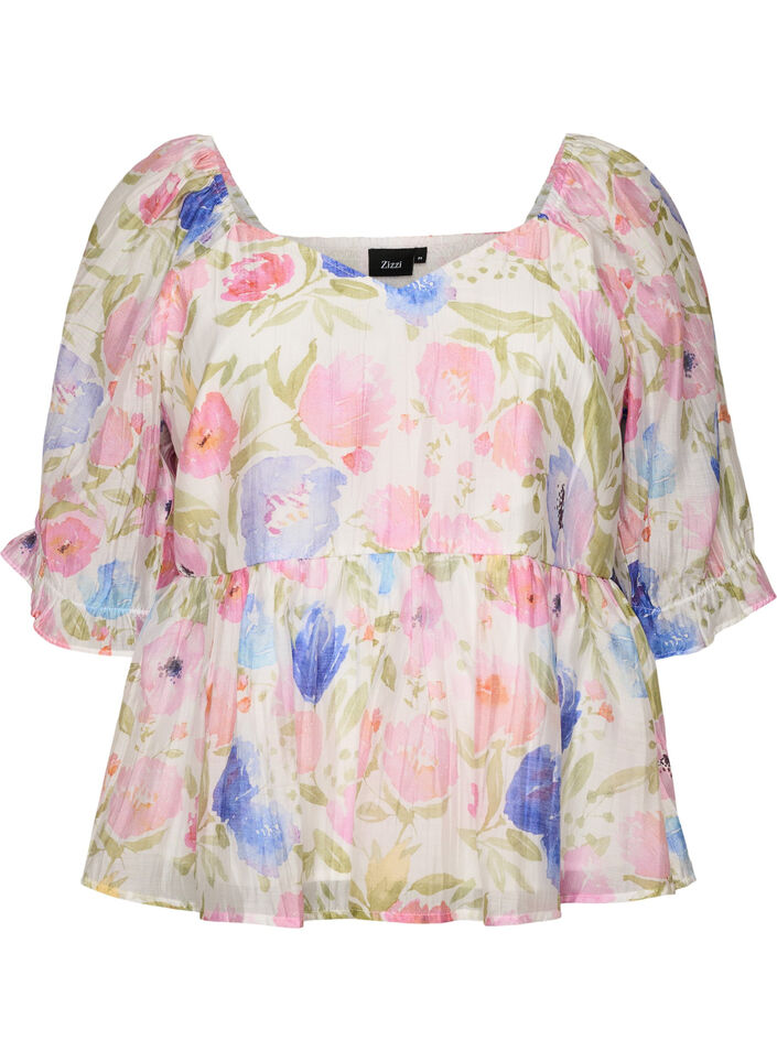 Bluse aus Lyocell mit Blumenprint und Herzausschnitt, Wei&szlig;, Packshot image number 0