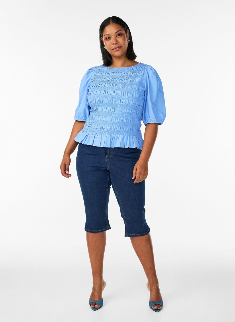 Smockbluse mit R&uuml;schensaum und U-Boot-Ausschnitt, Blau, Model image number 1