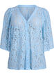 Kurz&auml;rmelige Spitzenbluse mit V-Ausschnitt, Blau, Packshot image number 0