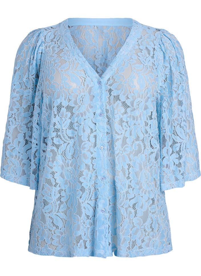 Kurz&auml;rmelige Spitzenbluse mit V-Ausschnitt, Blau, Packshot image number 0