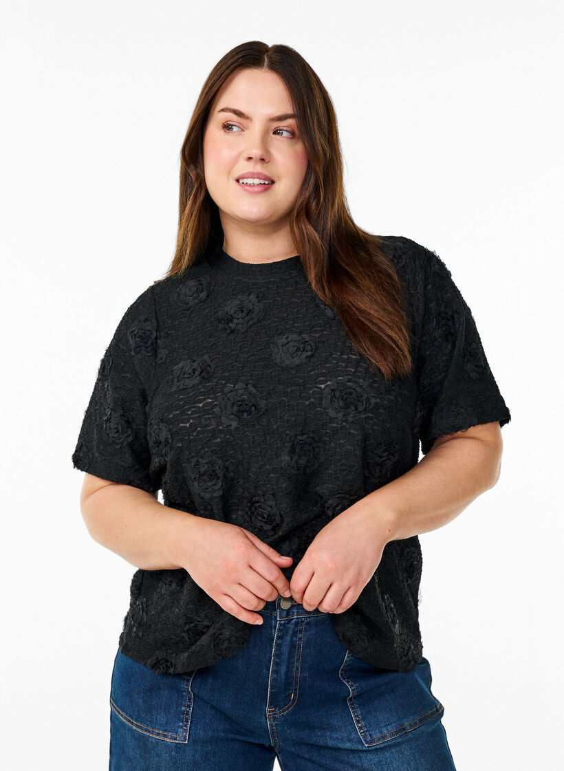 Bluse mit 3D-Blumen und kurzen Ärmeln, Schwarz, Model image number 0