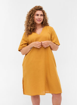 Kurzarm Kleid aus Baumwollmischung mit Leinen, Honey Mustard, Model image number 0