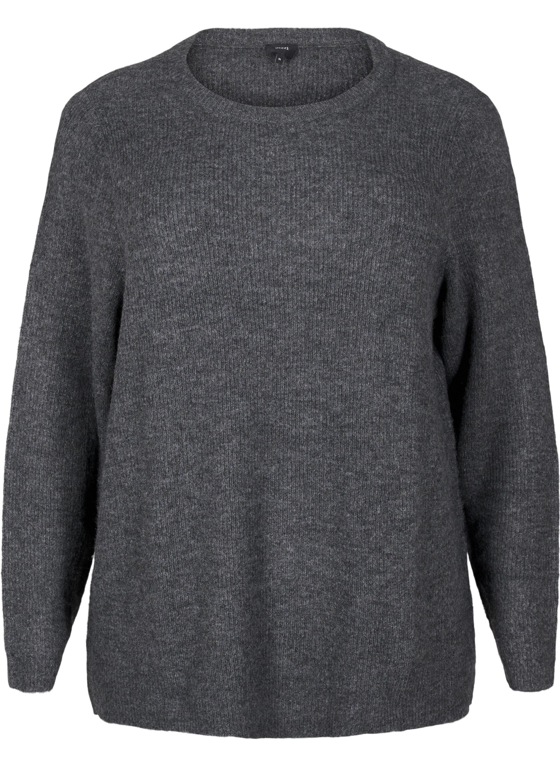 ZizziMelange-Pullover mit Rundhalsausschnitt, Dark Grey Black Mel., Packshot image number 0