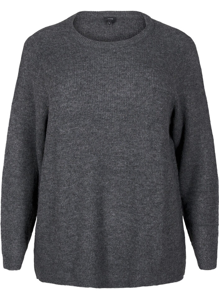 Melange-Pullover mit Rundhalsausschnitt, Dark Grey Black Mel., Packshot image number 0