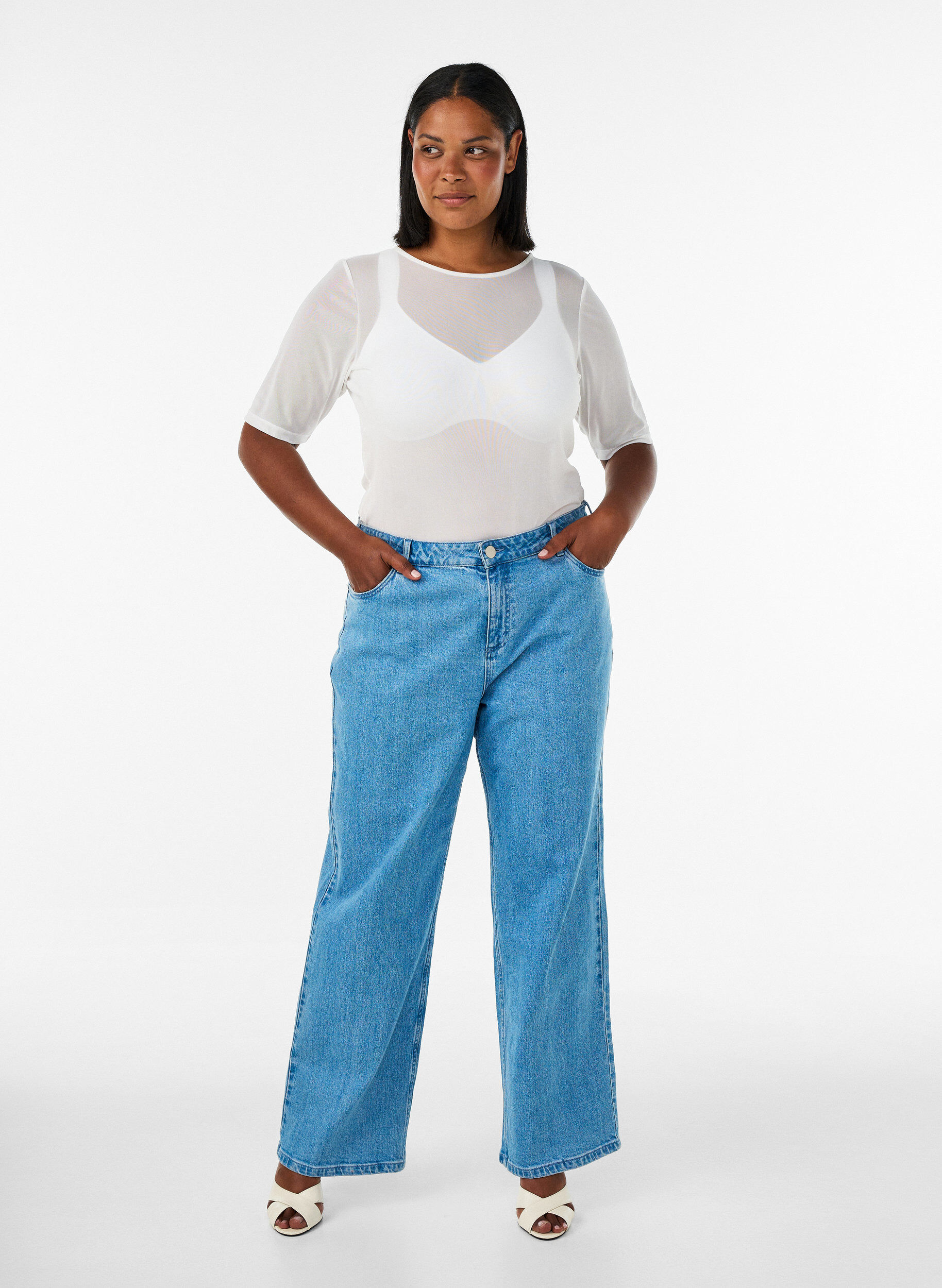 ZizziTop aus Mesh mit kurzen &Auml;rmeln und Rundhalsausschnitt, Vanille, Model image number 1