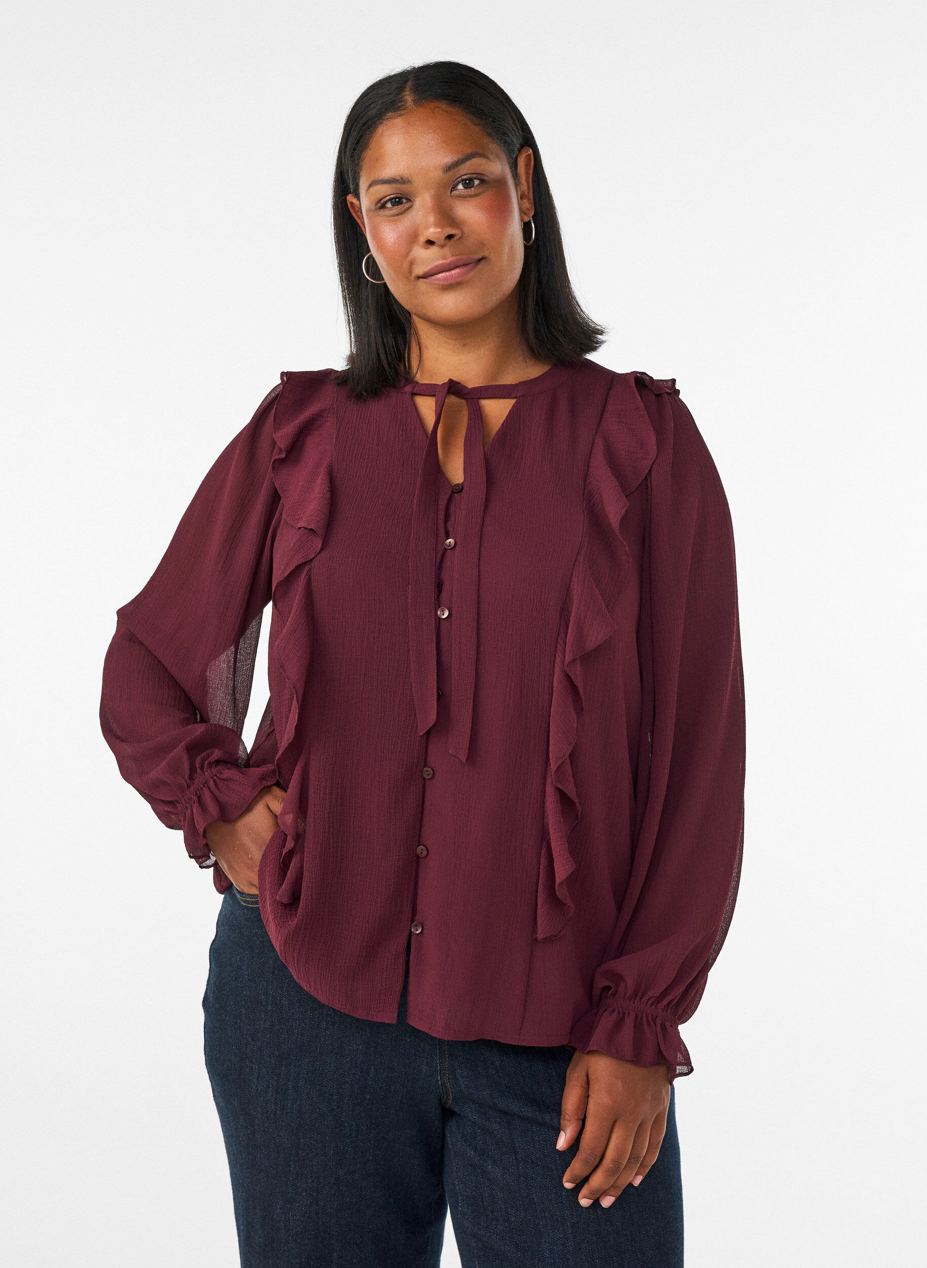 ZizziTransparente Bluse mit R&uuml;schen und Bindeband, Rot, Model image number 0