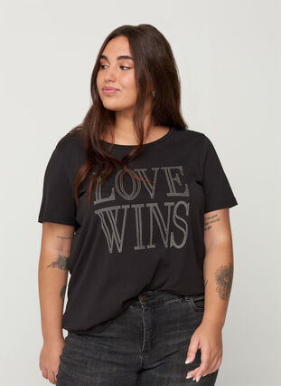 Kurzarm T-Shirt aus Baumwolle mit Nieten, Black, Model image number 0