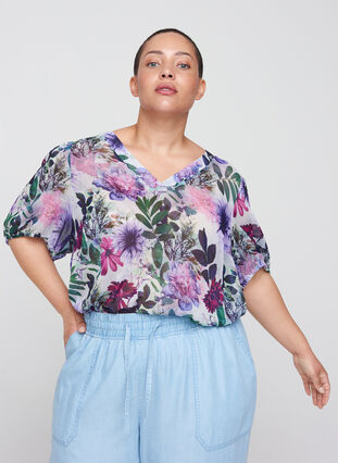 Bluse mit Blumenprint und 2/4-Ärmeln, Purple Flower mix, Model image number 0