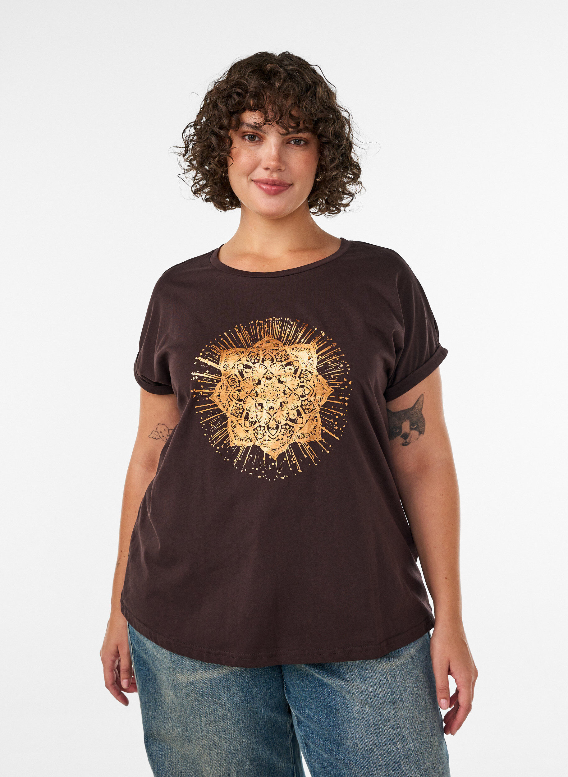 ZizziT-Shirt mit dekorativem Frontprint, Braun, Model image number 0