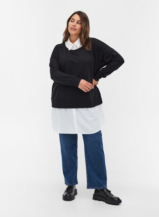 Sweatshirt mit angenähter Hemdbluse, Black, Model image number 3