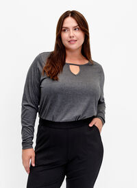 Melange-Bluse mit langen Ärmeln, Black Mel. , Model