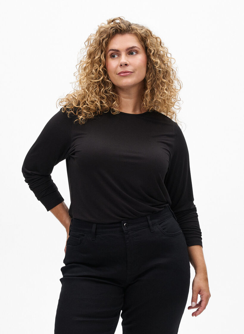 Einfarbige Bluse mit langen Ärmeln, Schwarz, Model image number 0