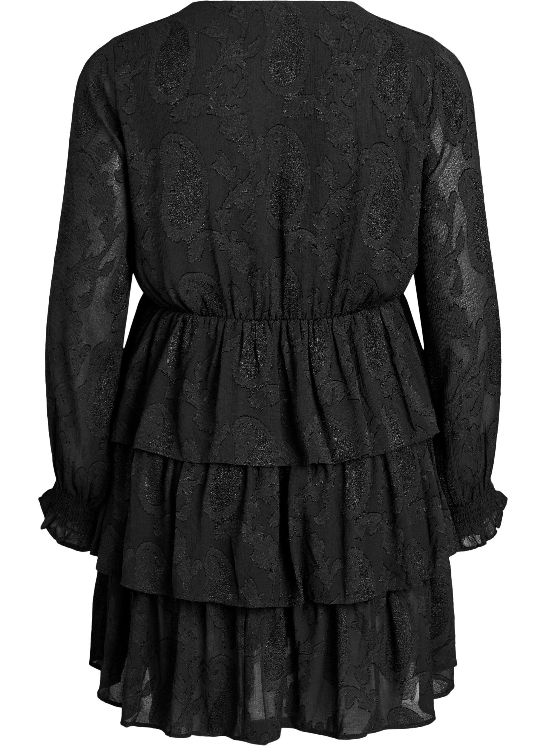 ZizziKurzes Kleid mit R&uuml;schen und Strukturmuster, Schwarz, Packshot image number 1