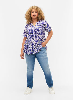 Bluse mit kurzen Ärmeln und V-Ausschnitt , Purple Small Flower, Model image number 2