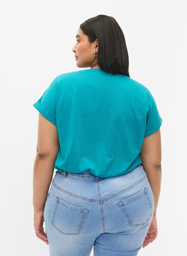 Kurzärmliges T-Shirt aus einer Baumwollmischung, Teal Blue, Model image number 1