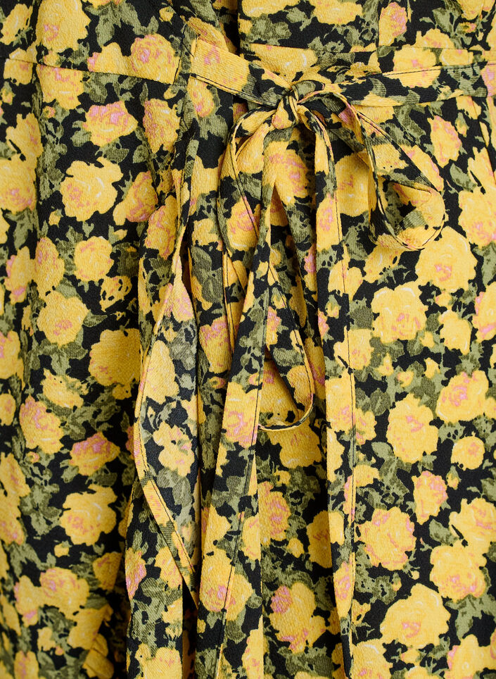 Blumiges Wickelkleid mit kurzen &Auml;rmeln, Gelb, Packshot image number 3