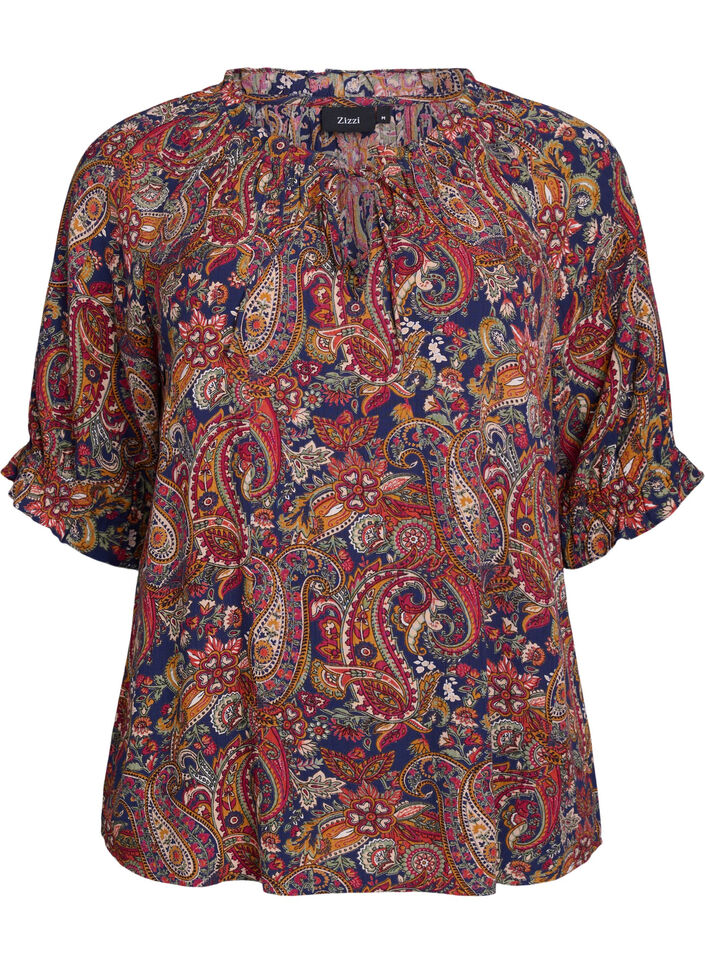 Bluse aus Viskose mit Paisleymuster und Ellbogen&auml;rmeln, Blau, Packshot image number 0