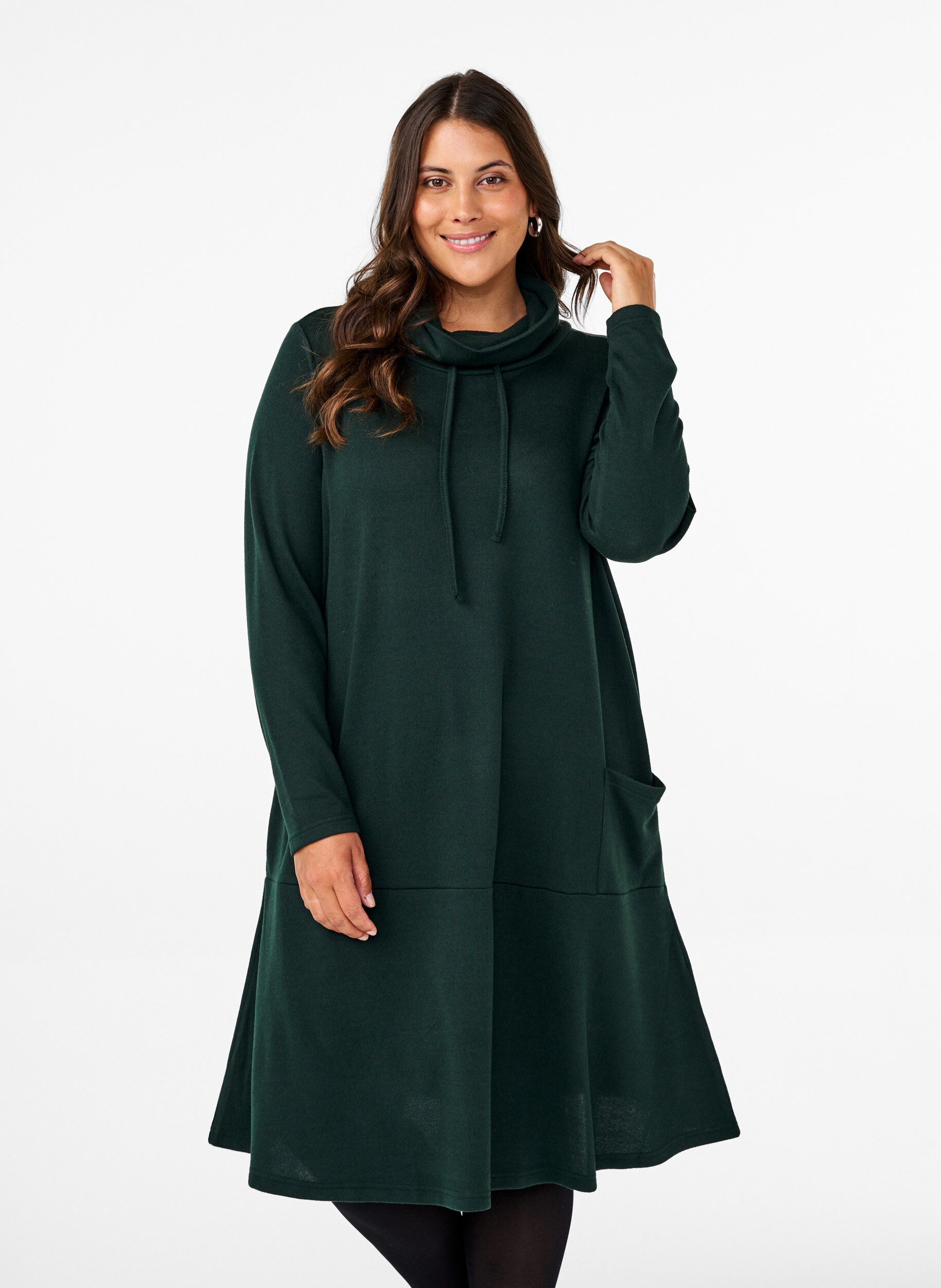 Hochgeschlossenes Jerseykleid mit Taschen, Gr&uuml;n, Model