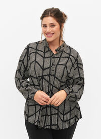Langärmlige Bluse mit Rüschendetails, Black Graphic AOP, Model