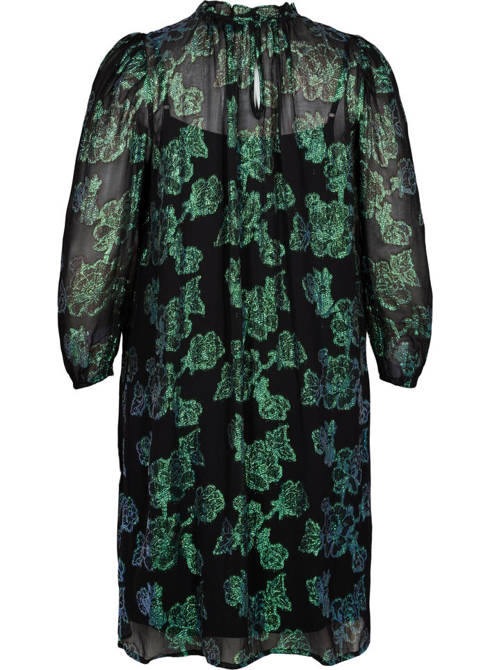 Gebl&uuml;mtes Viskosekleid mit Lurexstruktur, Black w. Green Lurex, Packshot image number 1