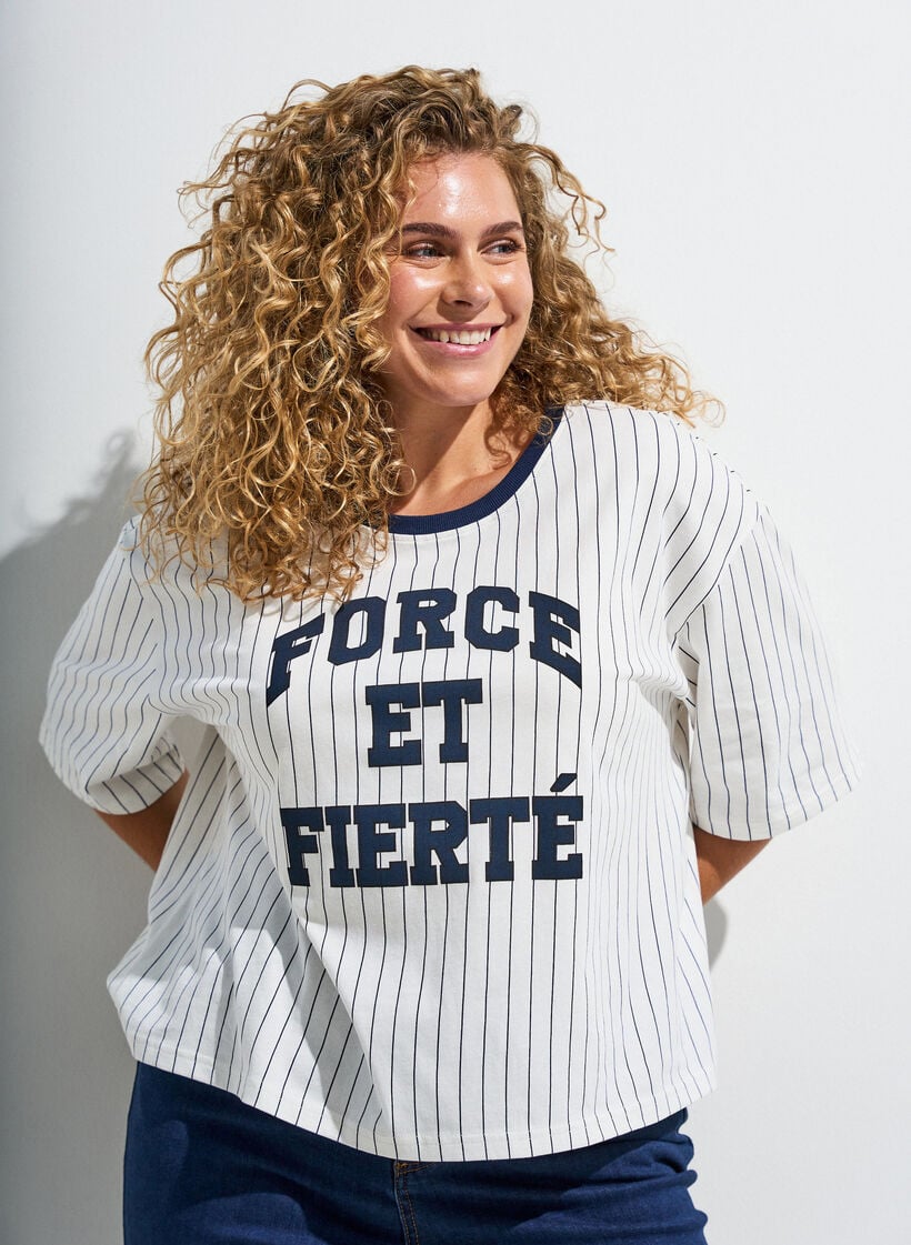 Boxy T-Shirt mit Streifen und Statement-Print, Wei&szlig;, Image image number 0
