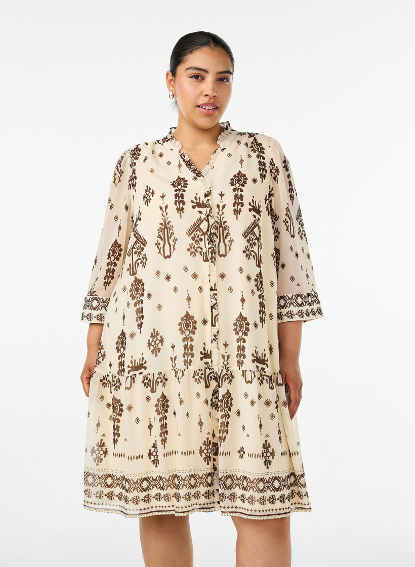 Kleid mit Ornament-Print und R&uuml;schenkragen, Beige, Model image number 0