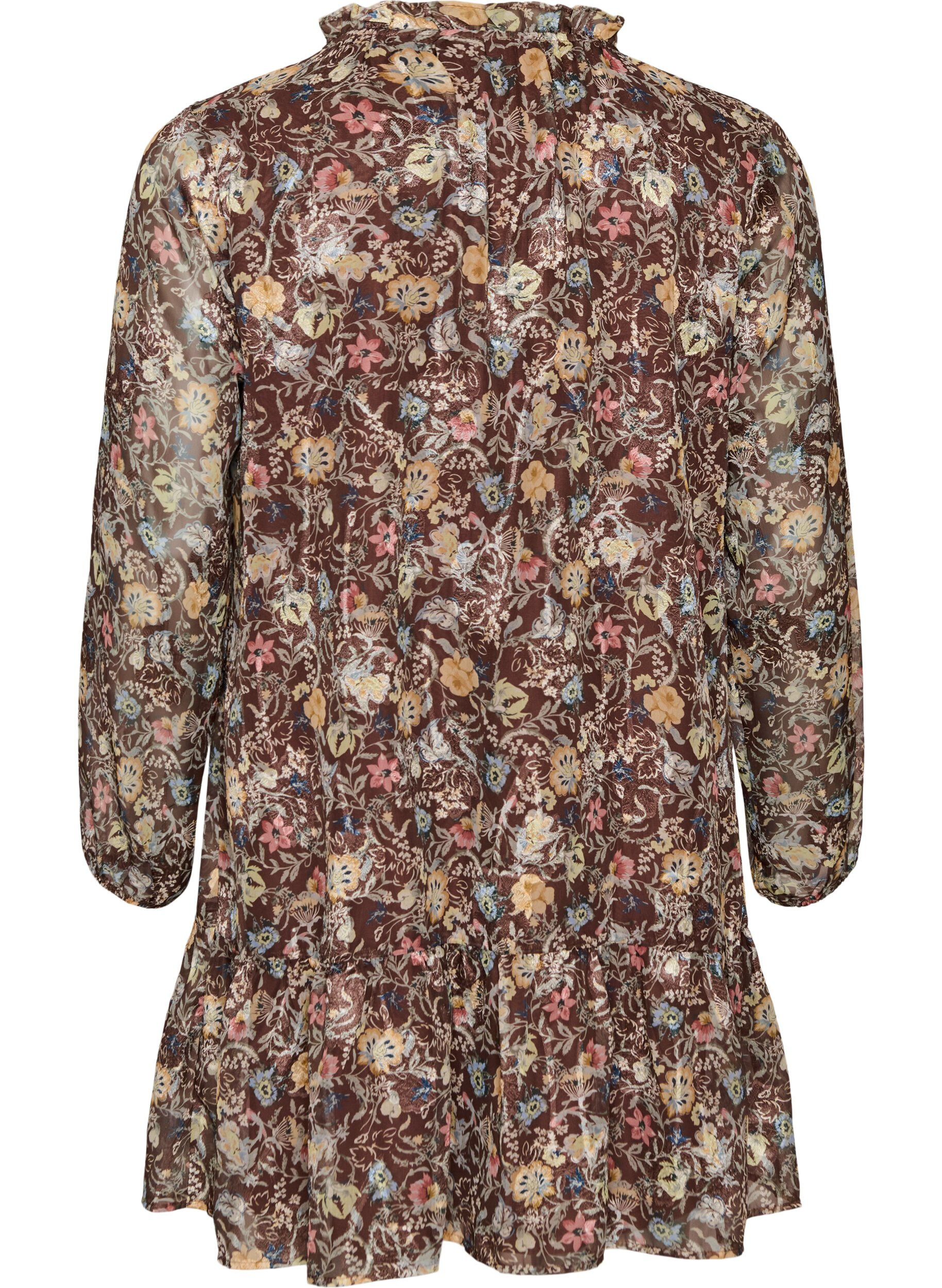ZizziKleid aus Chiffon mit gebl&uuml;mtem Print und R&uuml;schenlagen, Braun, Packshot image number 1