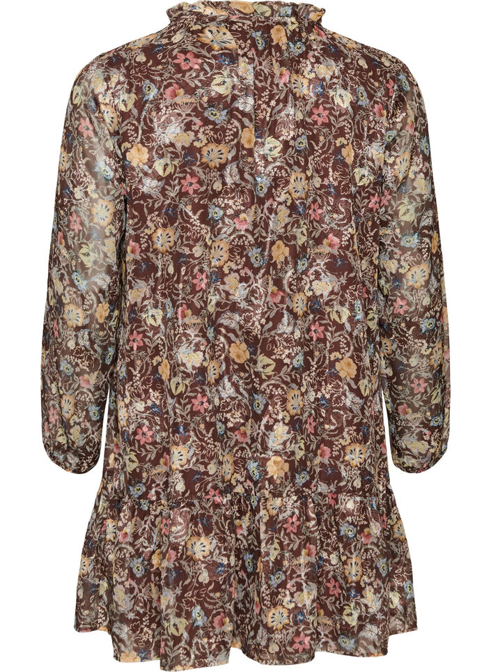 Kleid aus Chiffon mit gebl&uuml;mtem Print und R&uuml;schenlagen, Braun, Packshot image number 1