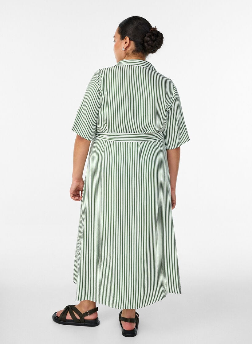 Kn&ouml;chellanges Hemdblusenkleid mit Bindeg&uuml;rtel und Streifen, Gr&uuml;n, Model image number 1