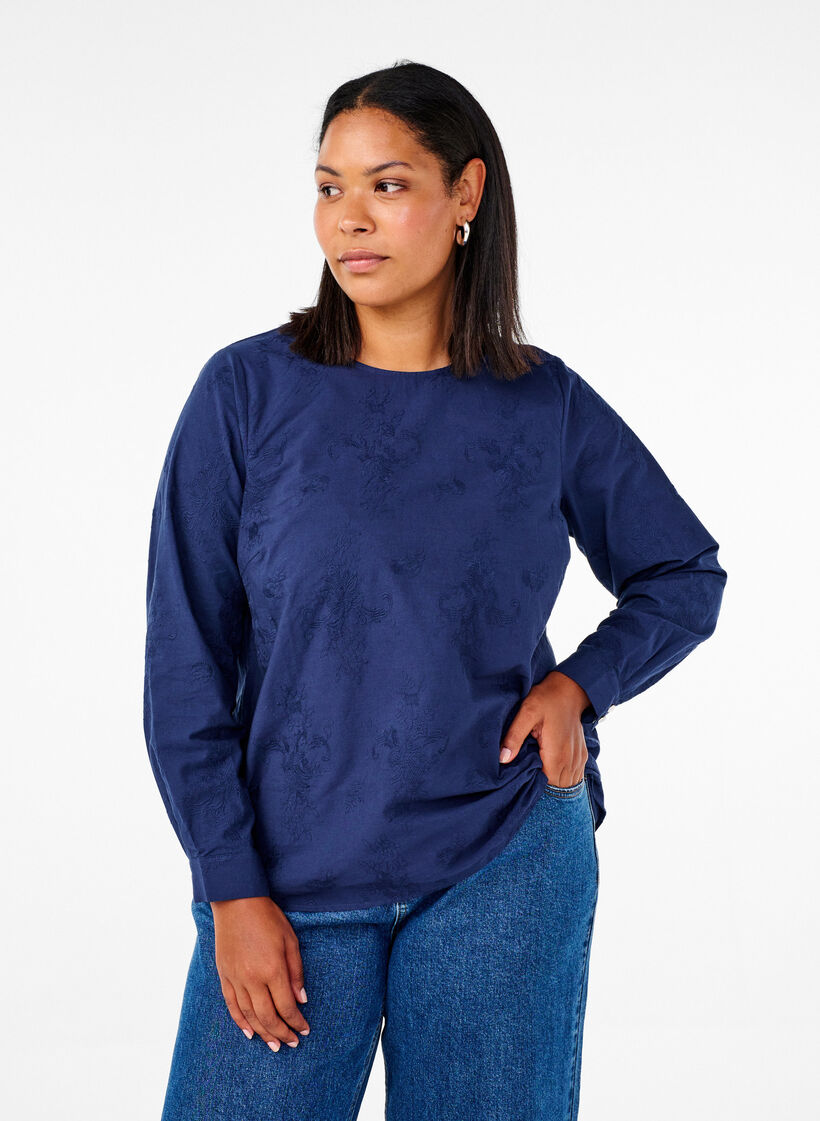 Langärmlige Bluse mit Stickereien, Blau, Model image number 0