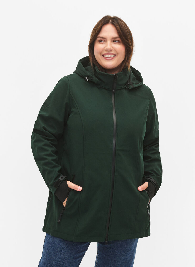 Kurze Softshell-Jacke mit abnehmbarer Kapuze, Grün, Model image number 0