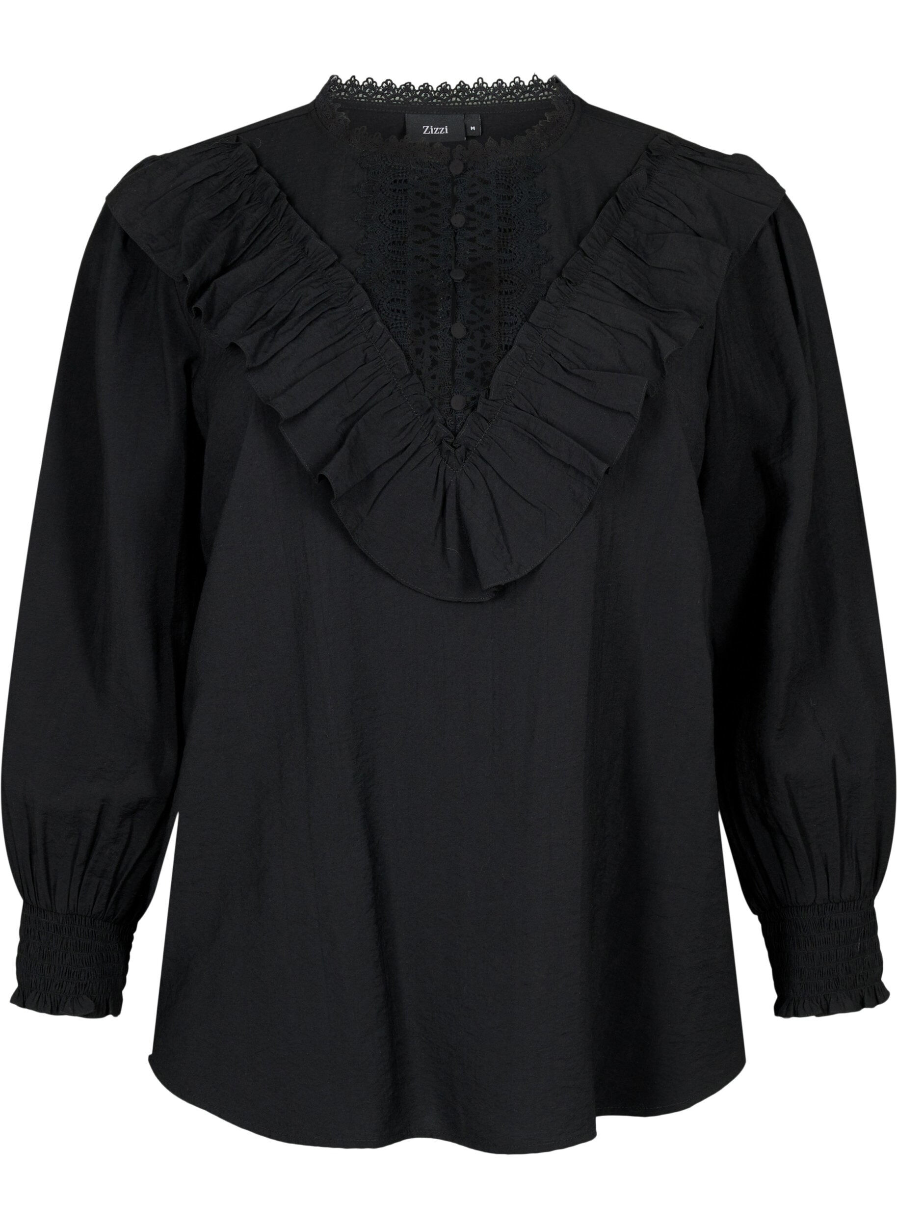 Zizzi Viskosebluse mit R&uuml;schen und Stickereien, Black, Packshot image number 0