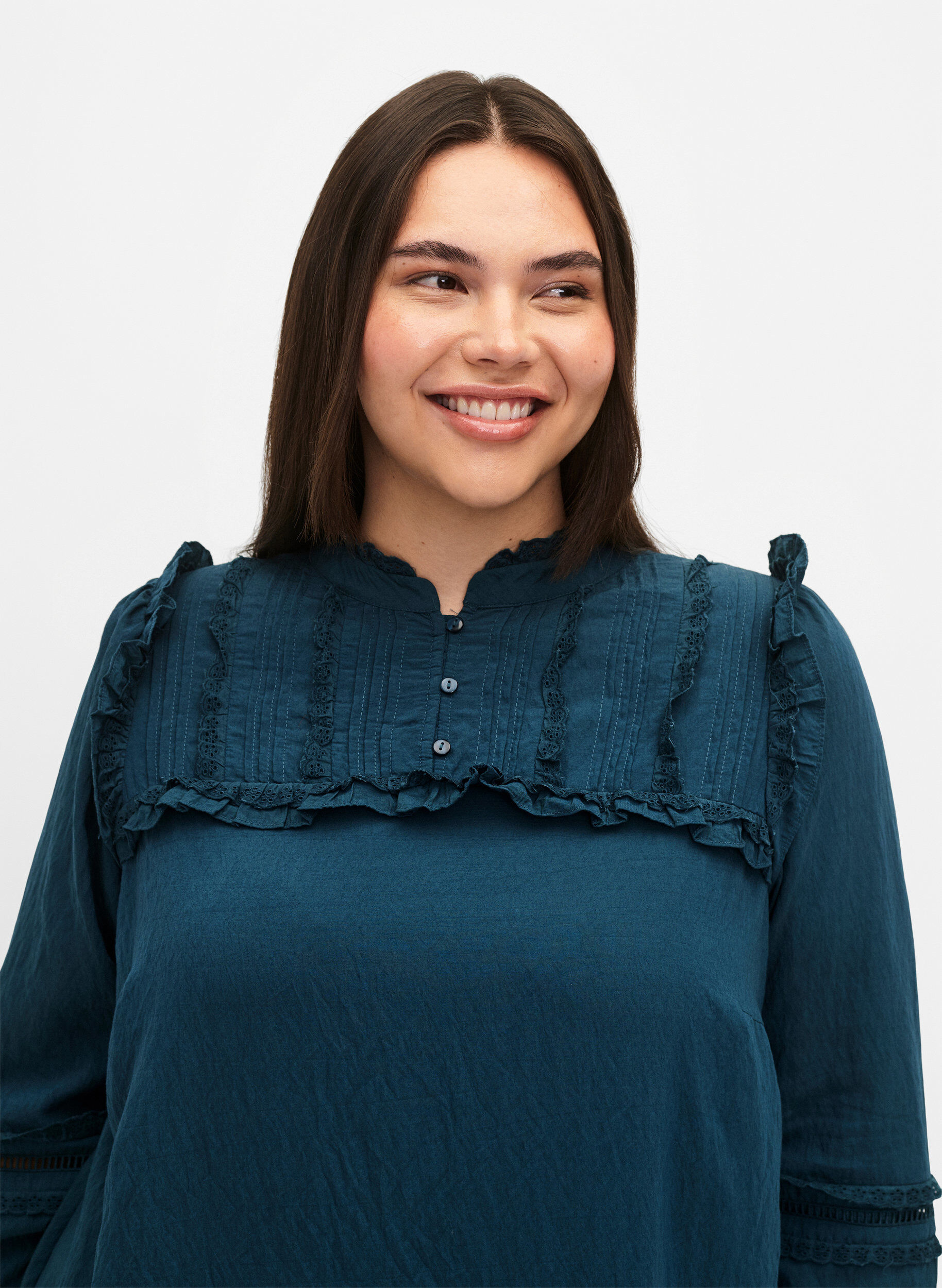 ZizziKleid aus Viskose mit Lochstickerei und R&uuml;schendetails, Reflecting Pond, Model image number 2