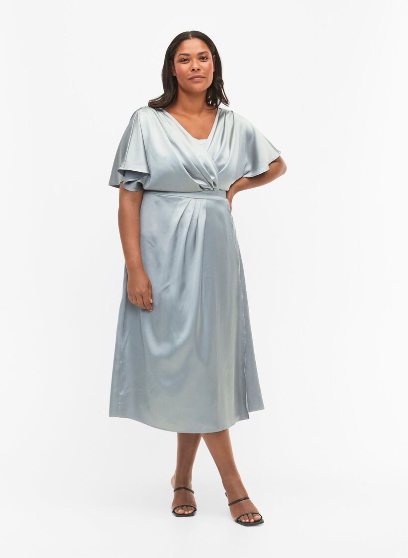 Maxikleid mit Wickeloptik und kurzen Ärmeln, Silver Blue, Model image number 0