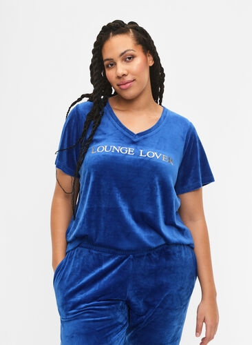 T-Shirt aus Velours mit V-Ausschnitt, Monaco Blue, Model image number 0