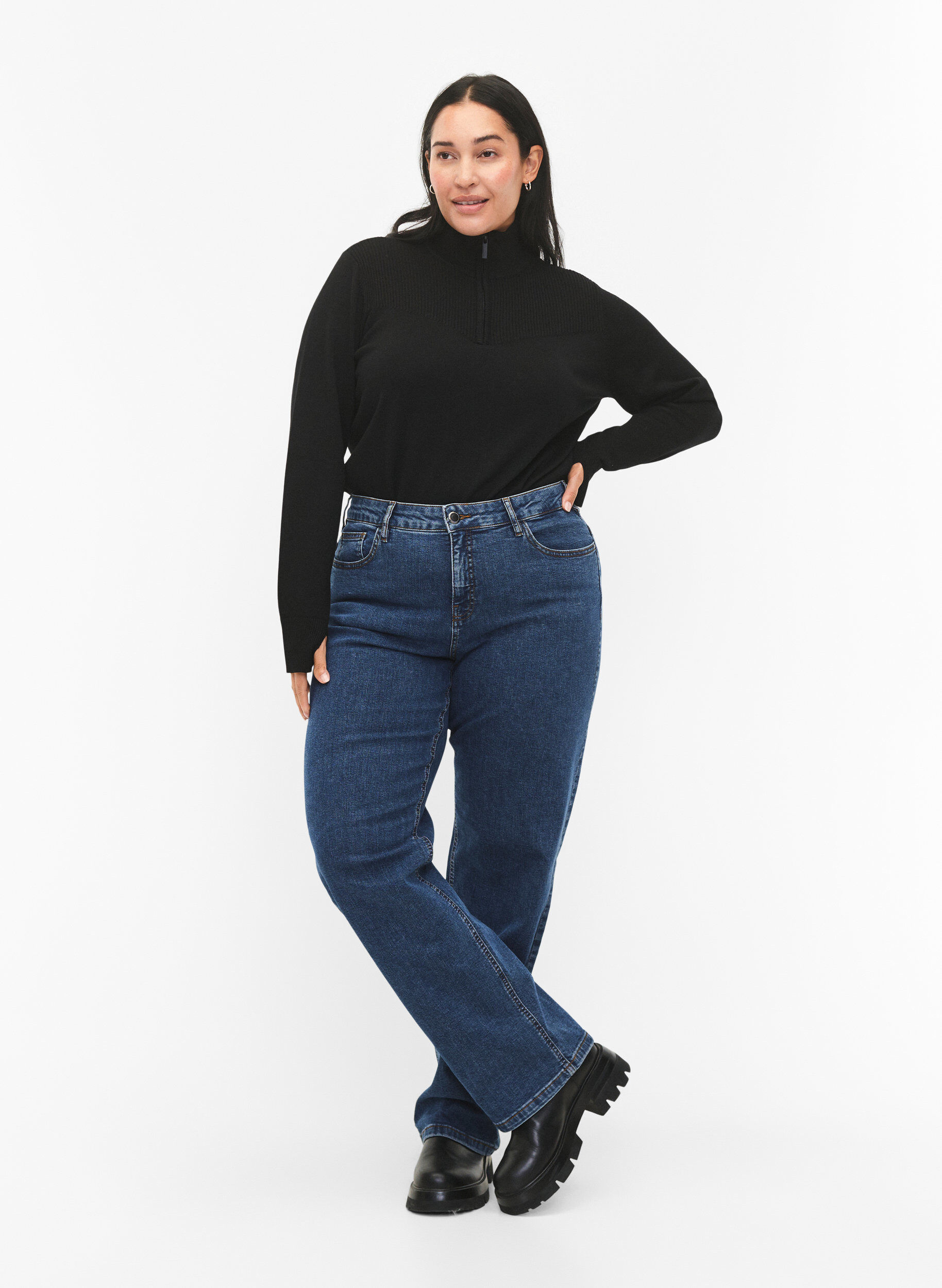 ZizziPullover aus Viskose mit hohem Halsauschnitt und Rei&szlig;verschluss, Black, Model image number 3