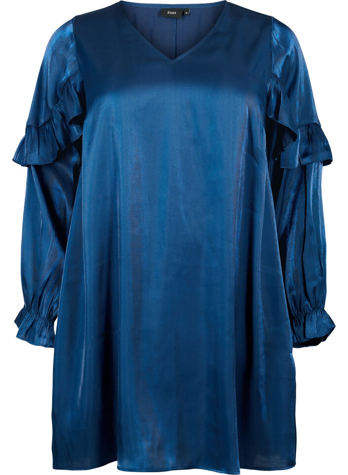 Viskosekleid mit V-Ausschnitt und Rüschen, Titan, Packshot image number 0