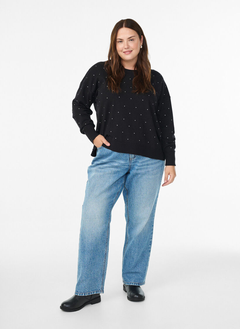 Lockere Strickbluse mit Strasssteinen, Schwarz, Model image number 1