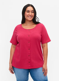 Kurzärmeliges geripptes T-Shirt mit Knöpfen, Bright Rose, Model