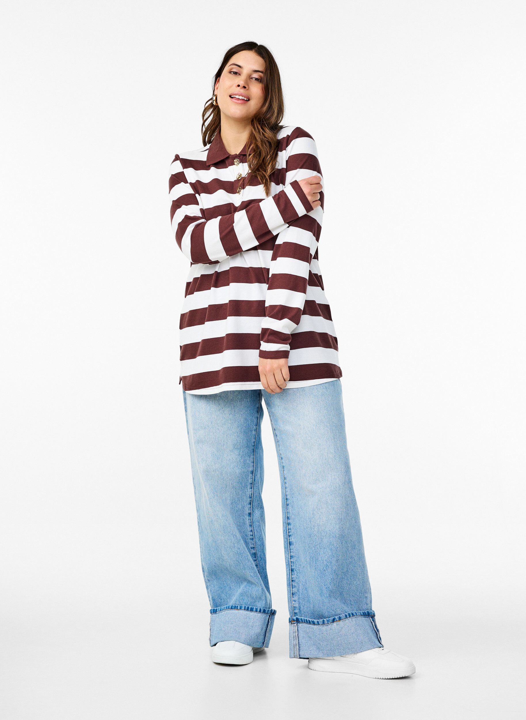 ZizziPoloshirt mit langen &Auml;rmeln und Streifenmuster, Dunkles Bordeaux, Model image number 1