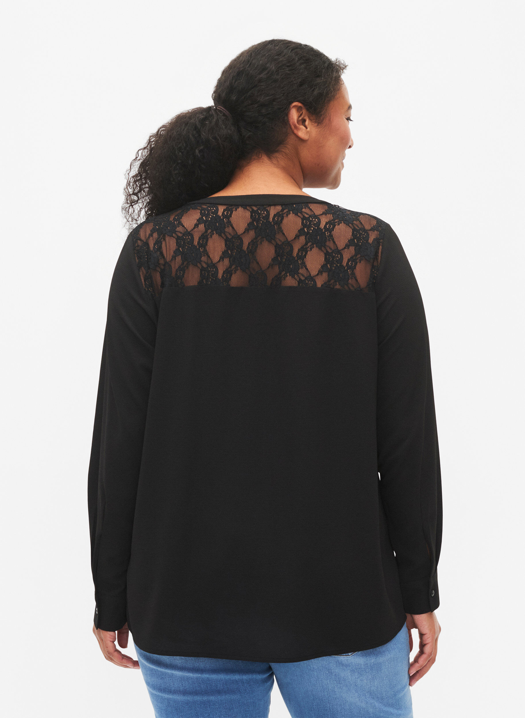 ZizziLang&auml;rmelige Bluse mit Spitzendetail , Black, Model image number 1