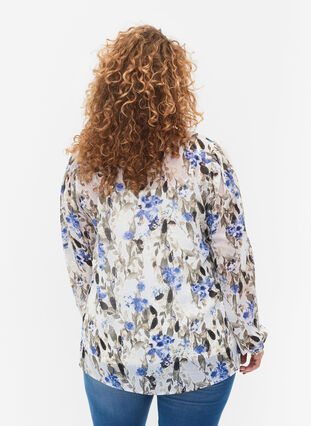 Bedruckte Bluse mit langen Ärmeln, Blue Flower AOP, Model image number 1