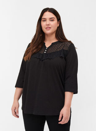Bluse aus Bio-Baumwolle mit Spitze, Black, Model image number 0