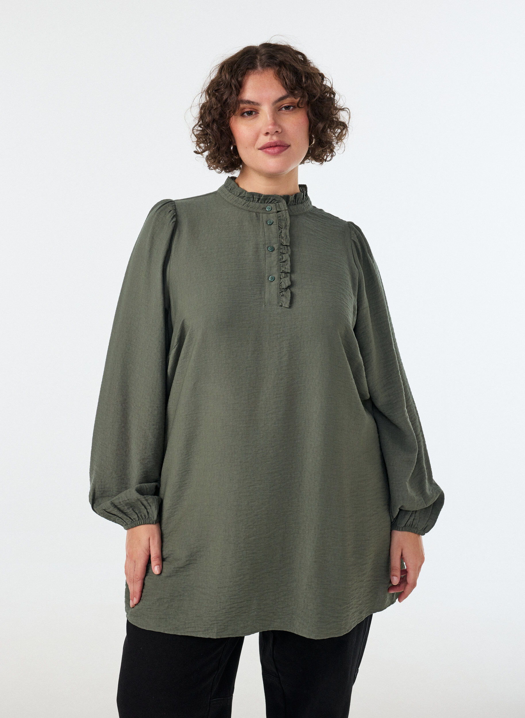 ZizziTunika aus Viskose mit R&uuml;schen und Kn&ouml;pfen, Gr&uuml;n, Model image number 0